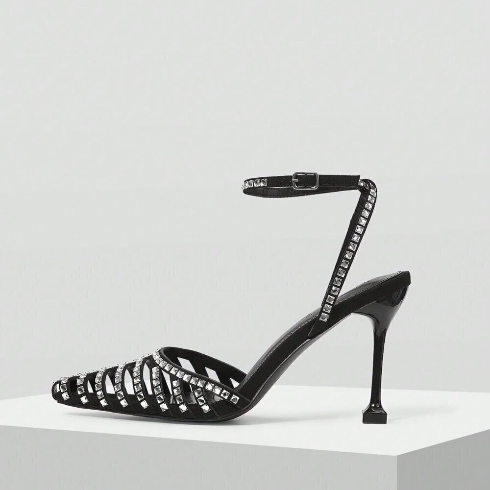 Black Glamorous Women's Rhinestone Buckle High Heel Shoes - Picture 1 of 6